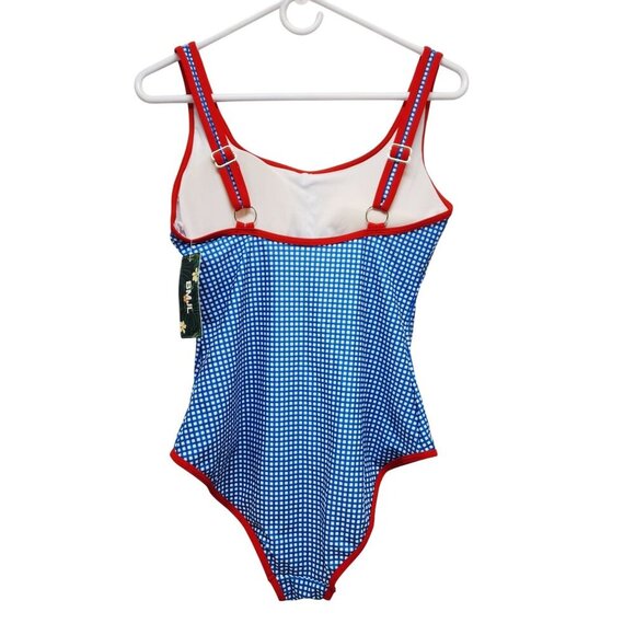Blue & White Gingham One-Piece Swimsuit With Red Trim Size L - Picture 2 of 9